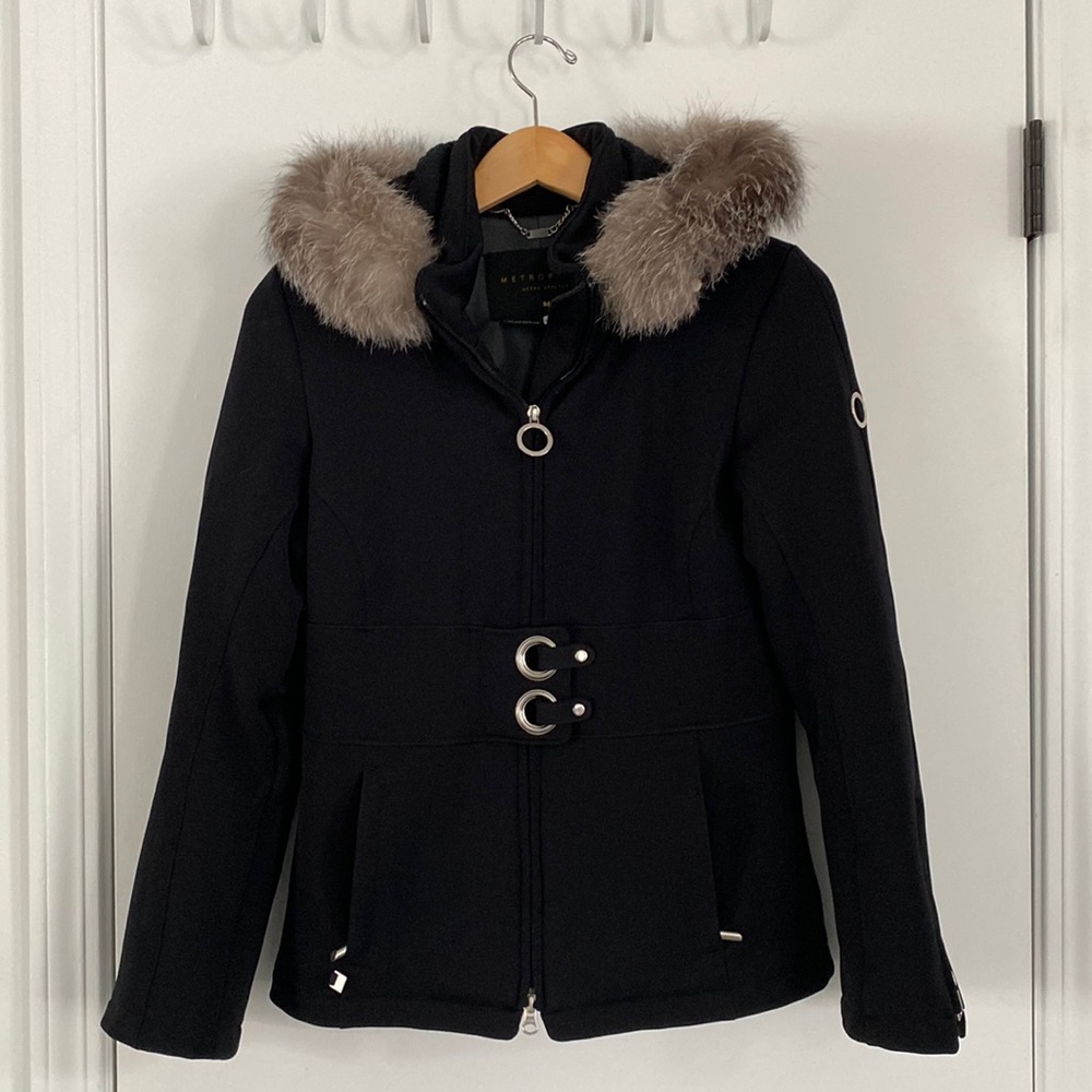 Metropolis Metro Stretch Coat With Genuine Raccoon Fur size 4.